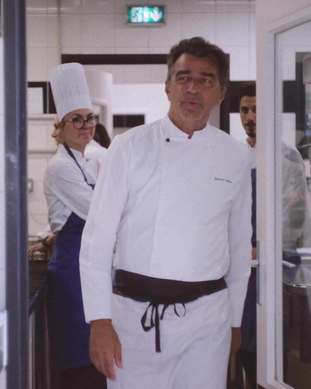 Yannick Alléno with the brigade in the kitchen at Hôtel Royal in Evian